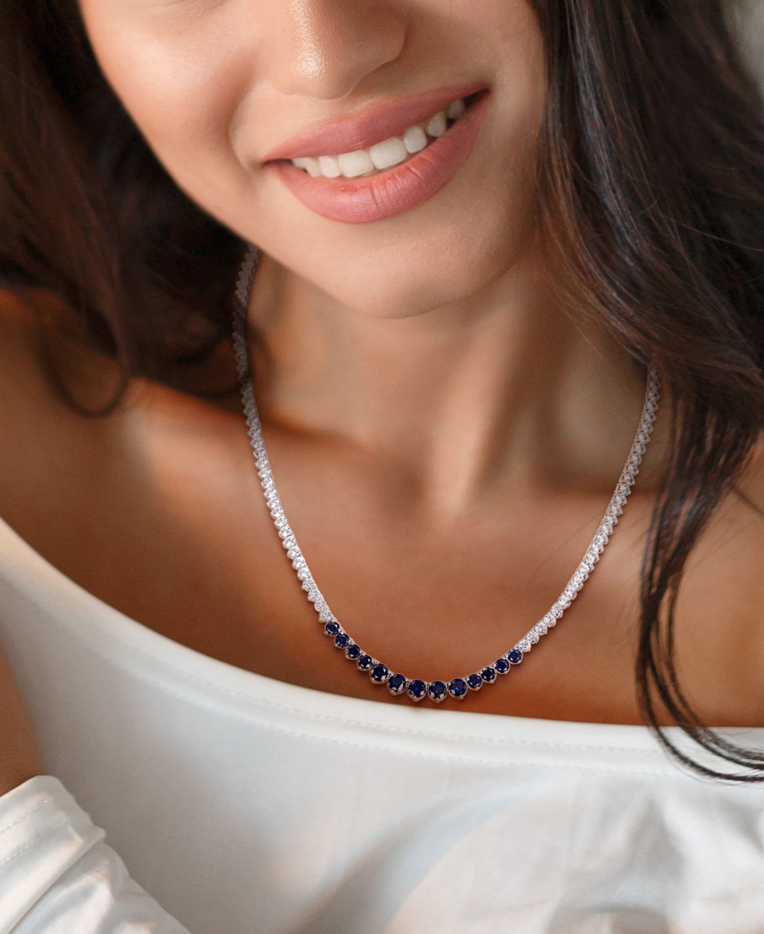 Lab Grown Sapphire (5-1/3 ct. t.w.) and Lab Grown White Sapphire (16 ct. t.w.) Tennis Necklace in Sterling Silver