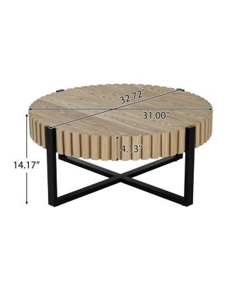 Round Handcraft Drum Coffee Table with Gear Design & Cross Metal Base, 31.5" Modern Compact Table