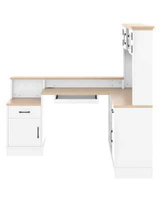 L-Shaped Computer Desk with Outlet, Drawers, Bookshelf, White