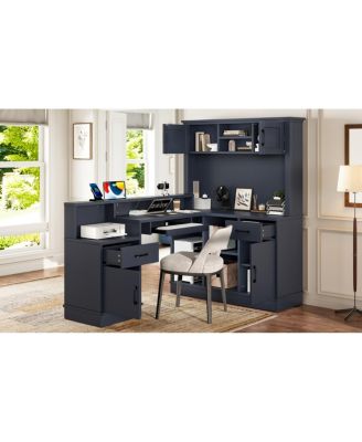 L-Shaped Computer Desk with Outlet, Drawers, Bookshelf, Blue