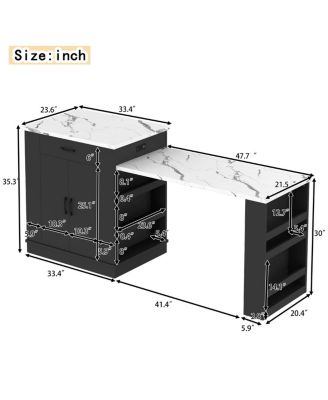 Extendable island console with drawers, cabinet, shelving, dining table, breakfast bar