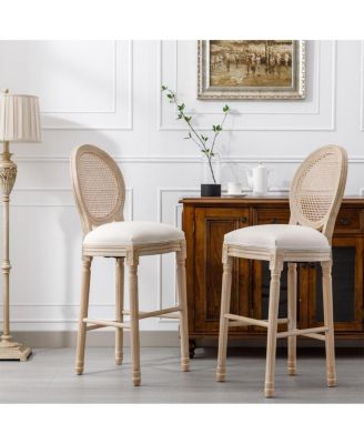 Streamdale French Country Wooden Barstools with Rattan Back & Upholstered Seat, Set of 2