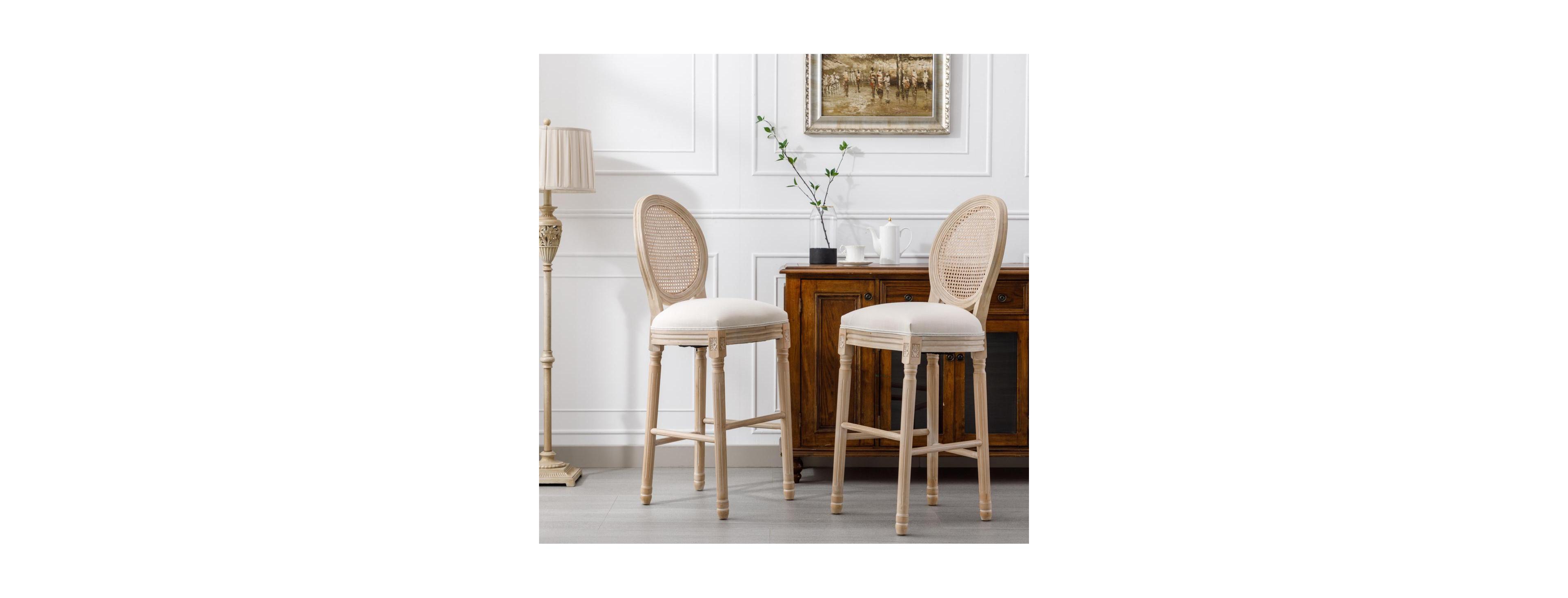 Streamdale Furniture Streamdale French Country Wooden Barstools with Rattan Back & Upholstered Seat, Set of 2