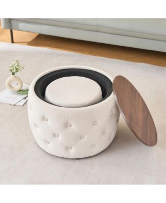 Luxurious Velvet Nesting Ottomans (Set of 2) - 4-in-1 Storage, Wood Tray, Beige