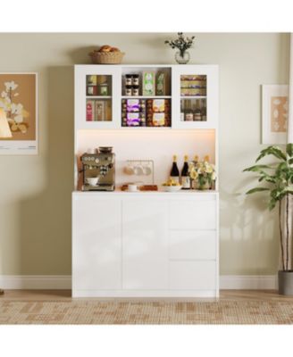 Kitchen Pantry Cabinet with Charging Station, Tall Storage Cabinet with Countertop, Drawers and Glass Doors