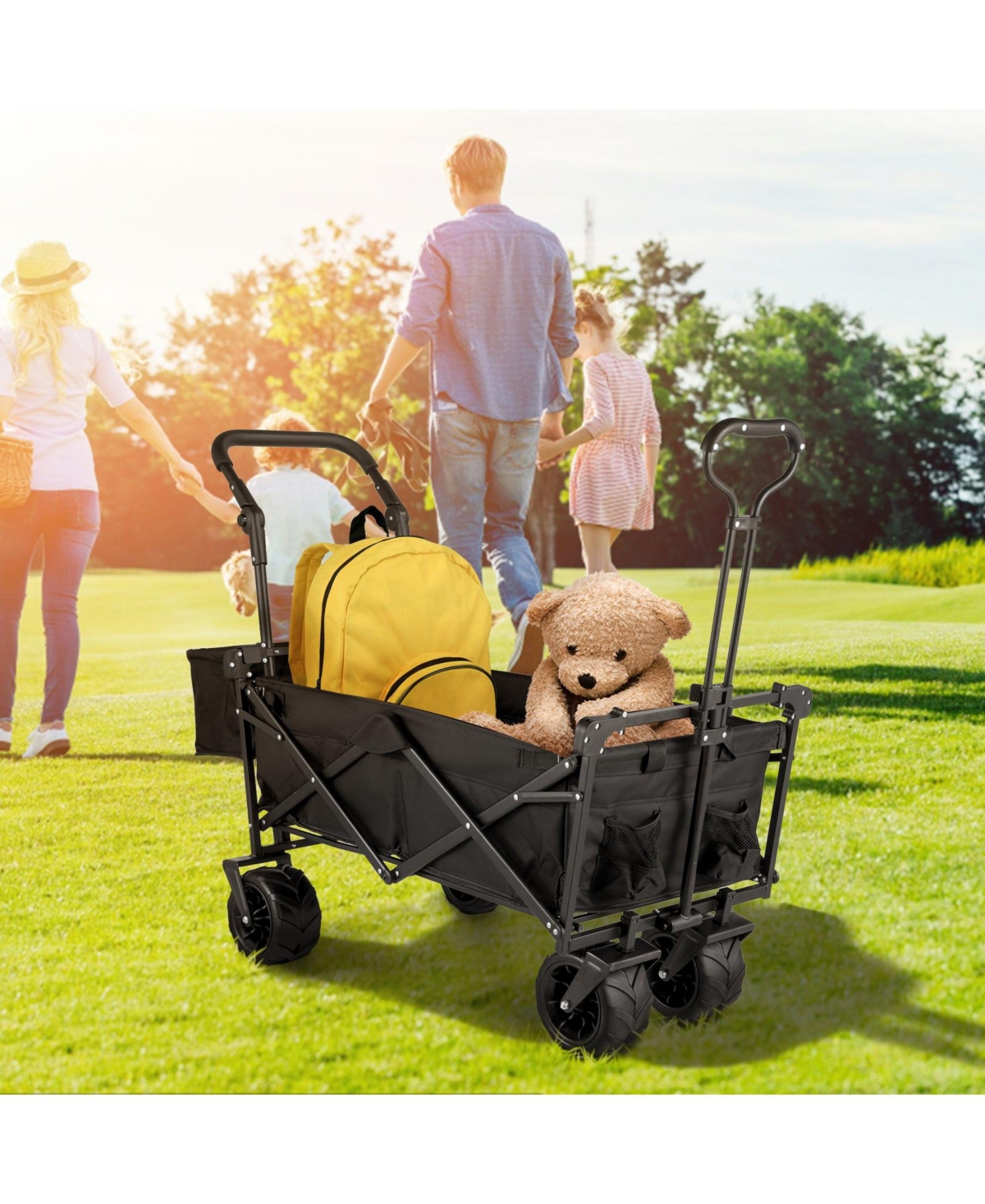 Mecale Extra Large Collapsible Garden Cart with Removable Canopy, Folding Wagon with Wheels and Rear Storage