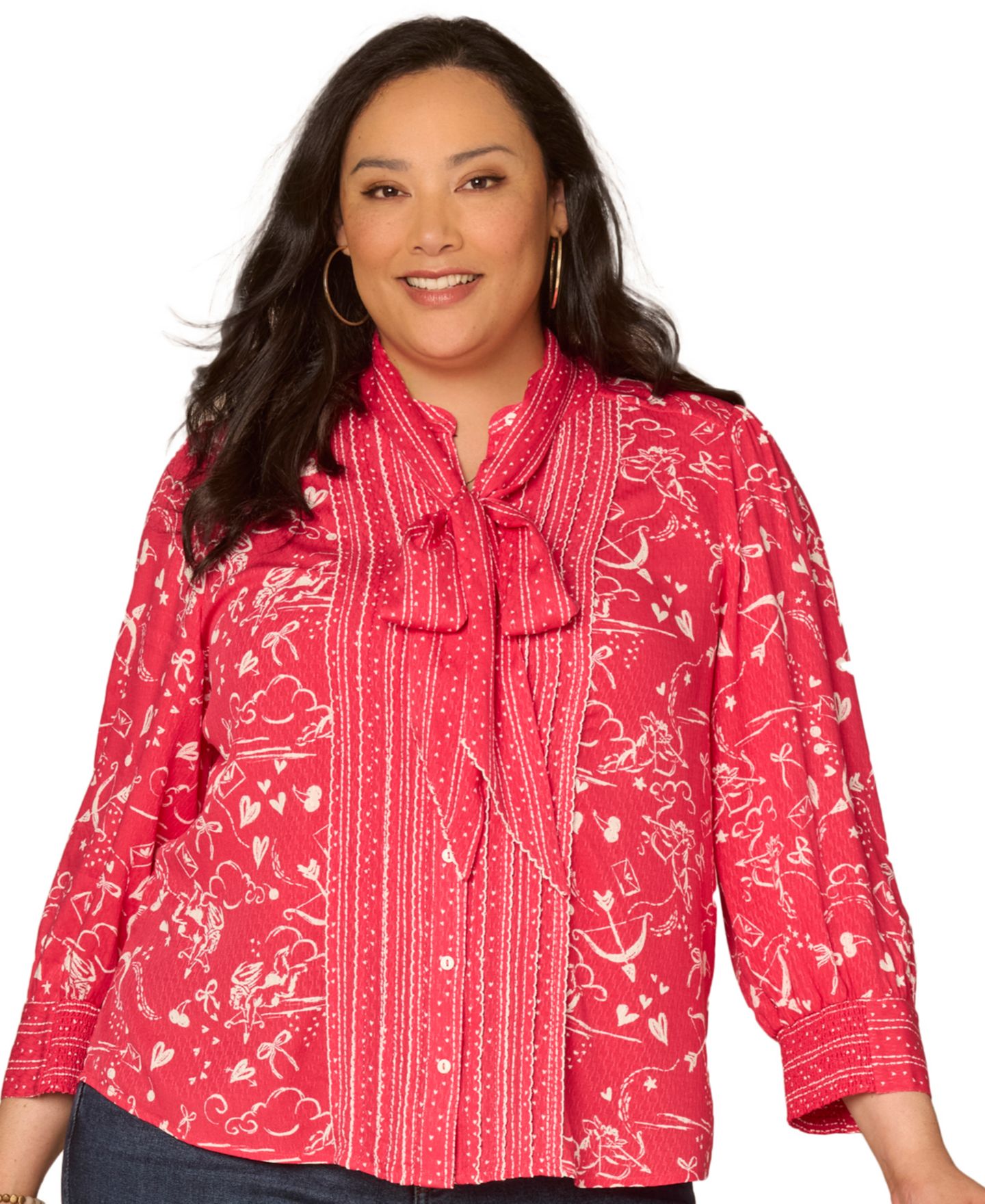 Женский топ Democracy Plus Size 3/4-Length Sleeve Button-Down, цвет: Вишнёвый / Слоновая кость — фото 3