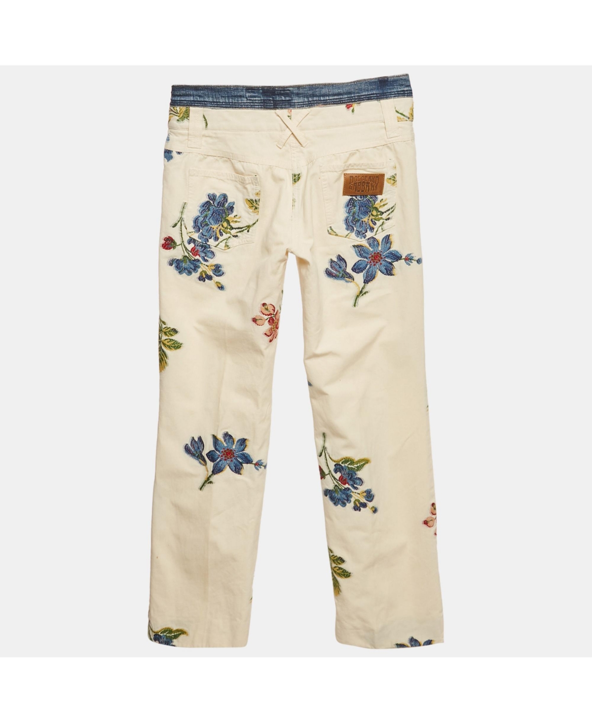 Pre-Owned Dolce & Gabbana Women's Cream Floral Cross Stitch Printed Cotton Pants