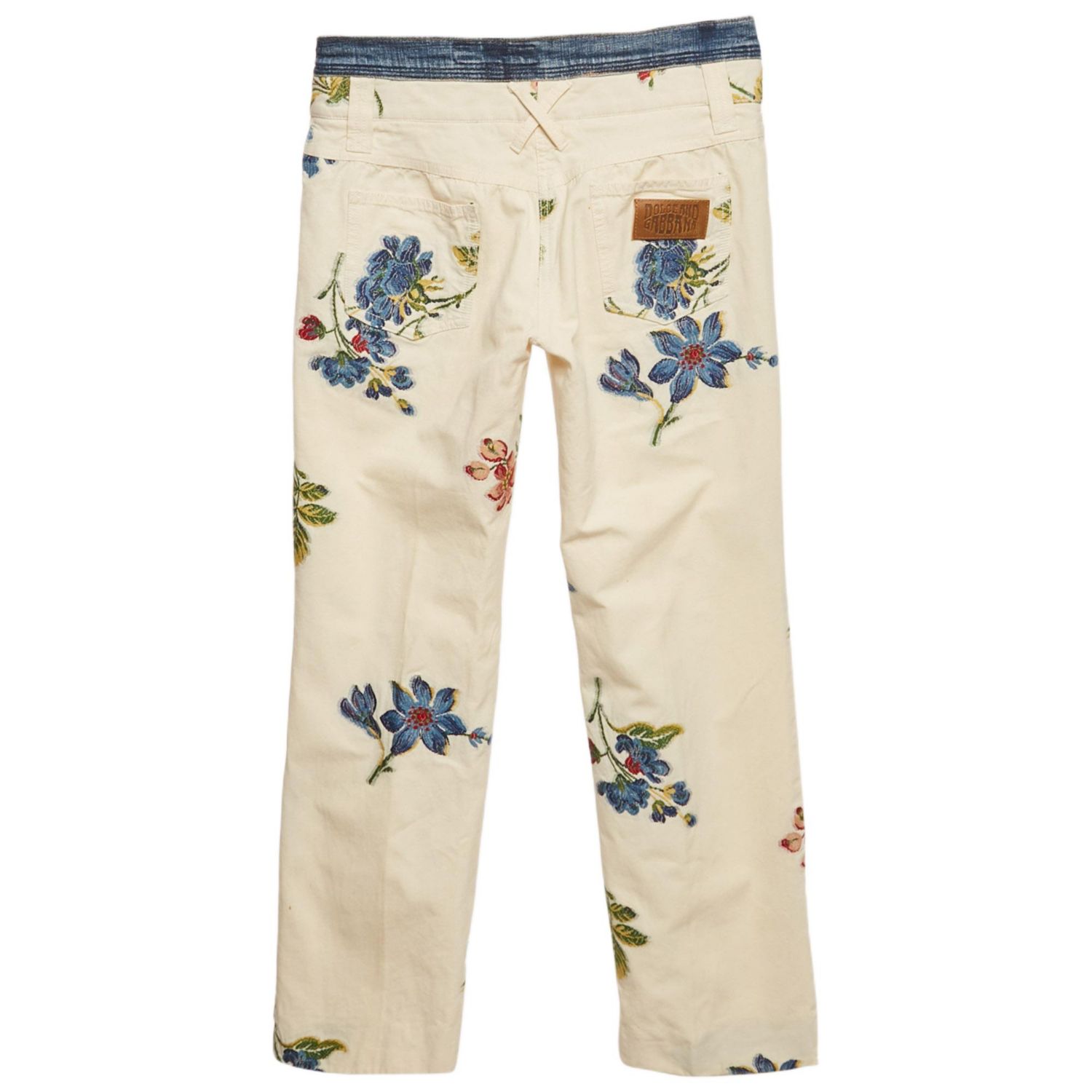 Women's Cream Floral Cross Stitch Printed Cotton Pants