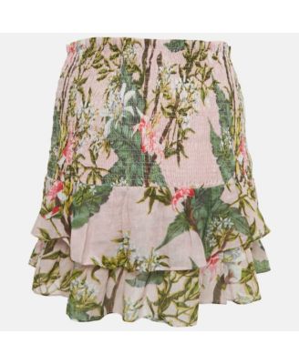 Women's Pink Floral Print Cotton Shirring Tiered Mini Dress