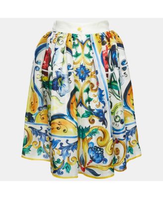 Women's Yellow/blue Majolica Print Silk Gathered Short Skirt