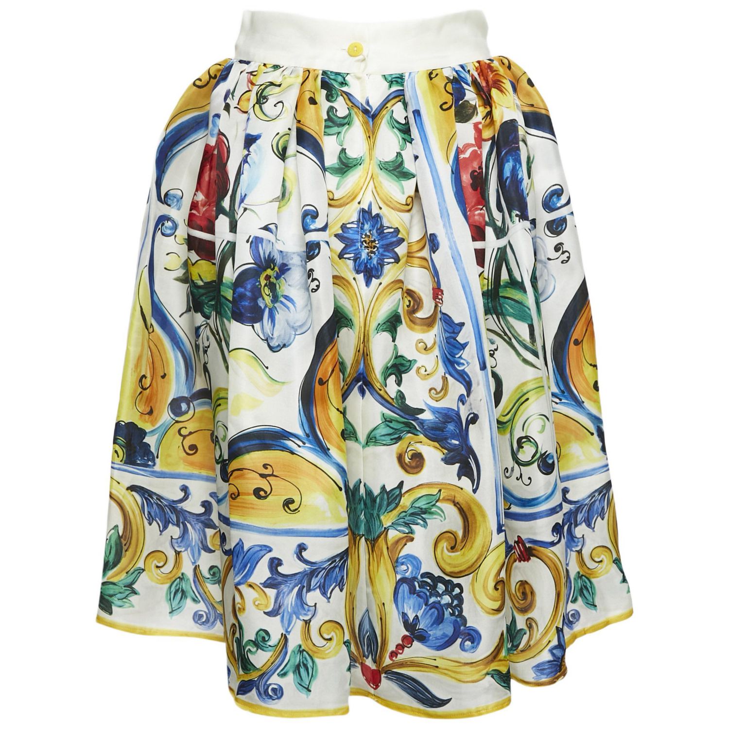 Women's Yellow/blue Majolica Print Silk Gathered Short Skirt