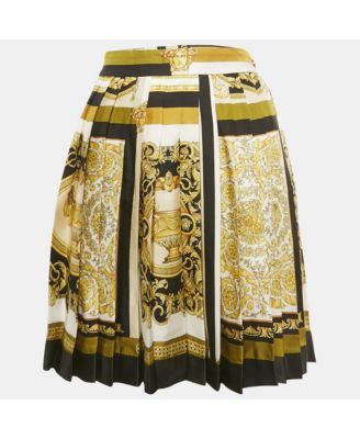 Women's Yellow/black Barocco Print Silk Pleated Mini Skirt