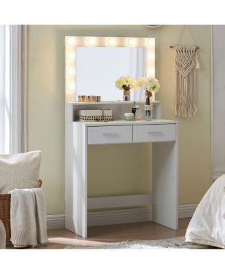 Vanity Desk with Mirror, Lights, Drawer & 2-Level Storage