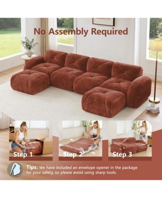U-Shaped Boneless Sofa, Tufted, 32D Sponge, Anti-Slip, Red Brown