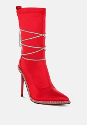 Womens Dacia Rhinestones Strap Satin Calf Boots