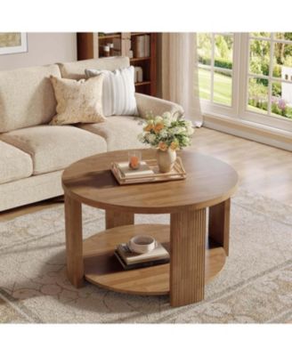 2-Tier Round Coffee Table for Living Room, 31.5-Inch Mid-Century Modern Circle Accent Center Table with Thick Tabletop, Low Cocktail Tea