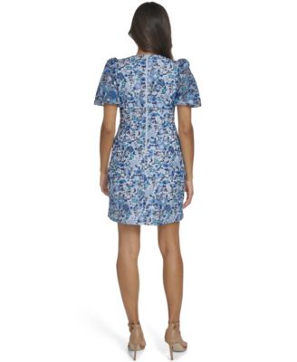 Women's V-Neck Puff-Sleeve Fit & Flare Short Dress