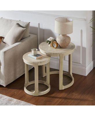  24" 2PC Curved Round Wooden Coffee Table Set, Mid Century Rustic Oak