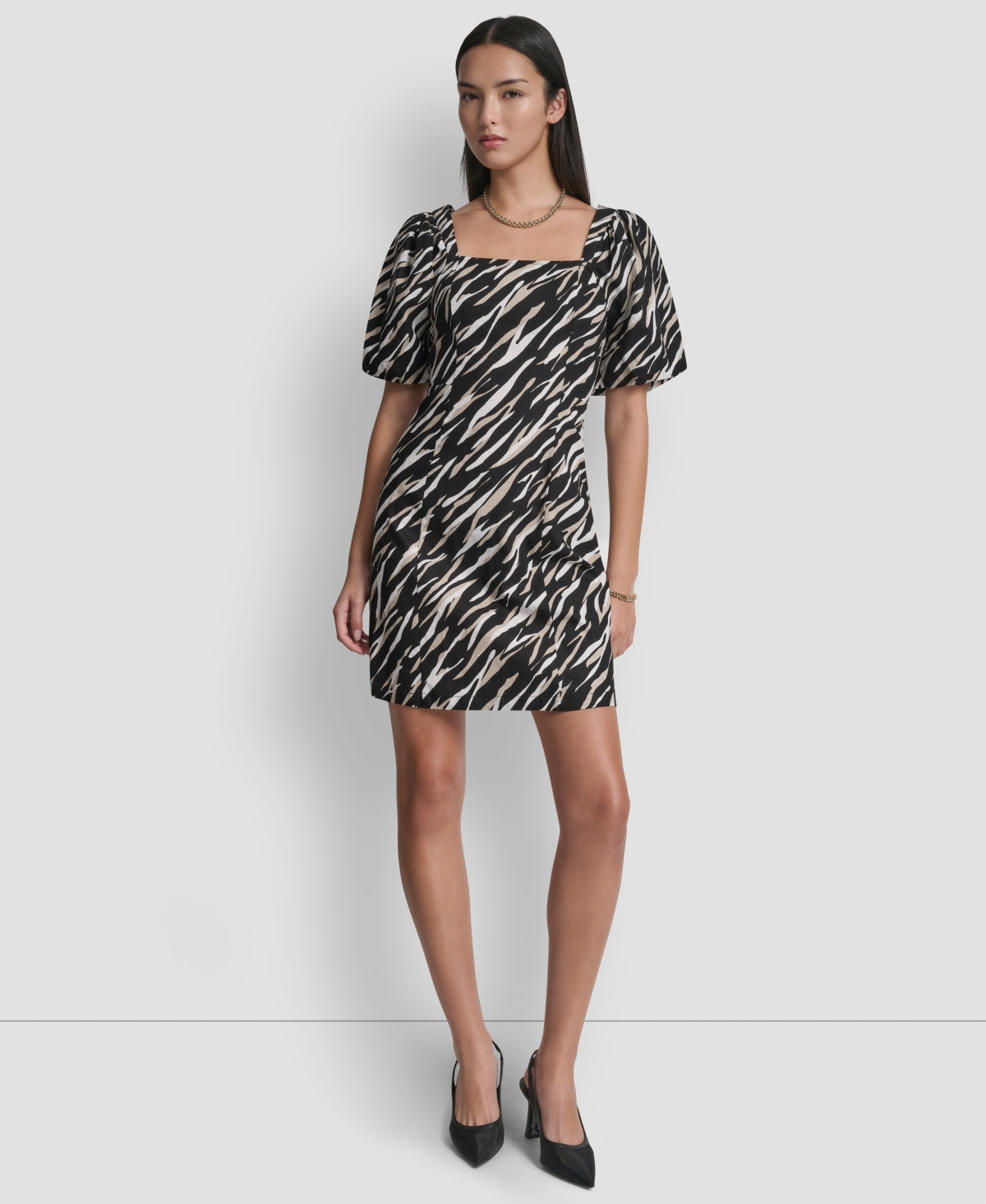 Dkny Women's Puff-Sleeve Square Neck Printed Dress