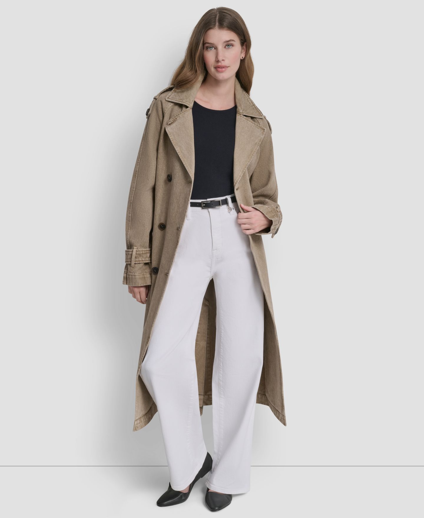 Женское пальто DKNY Double Breasted Denim Belted Trench, цвет: Хаки — фото 2