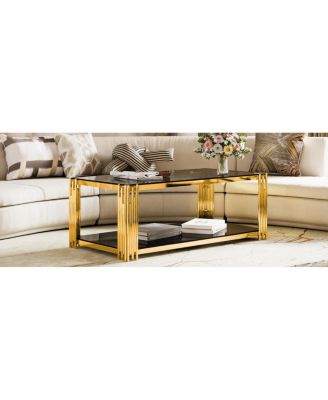 Modern Black Mirror Coffee Table with Gold Finish & Shelf, 47.5