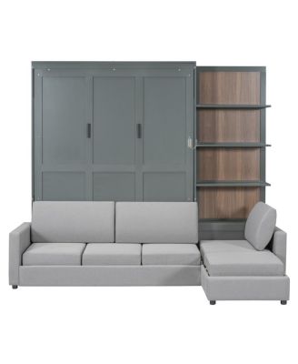 Queen Size Murphy Bed Wall Bed with Sofa and Shelves, Gray