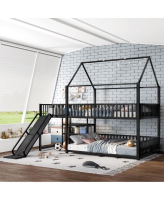 Full Metal House Bunk Bed with Storage Stairs, Slide, Safety Rails