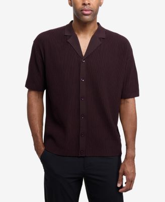 Men's Short Sleeve Vertical Ottoman Camp Collar Button Down Sweater Polo