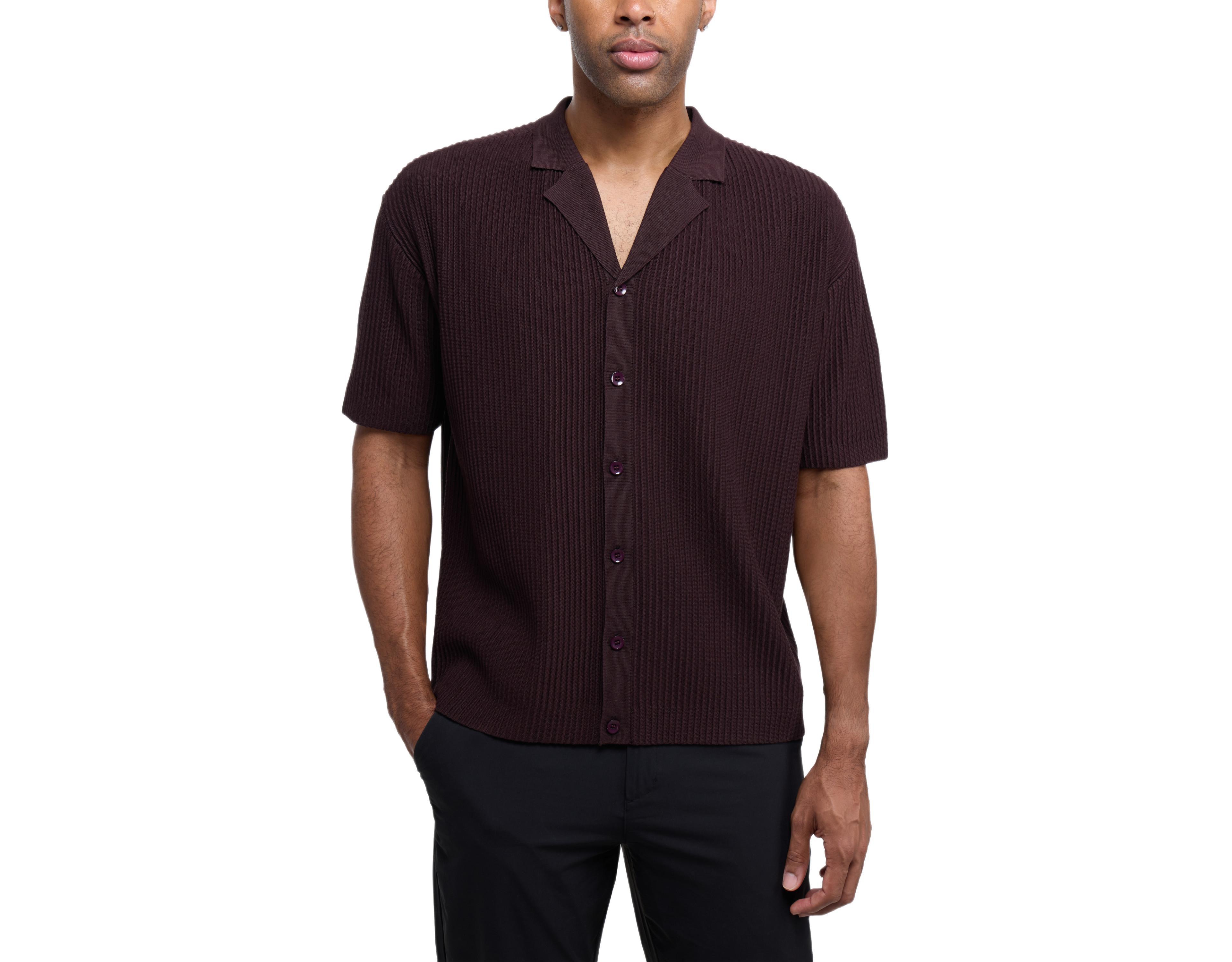 Xray Men's Short Sleeve Vertical Ottoman Camp Collar Button Down Sweater Polo