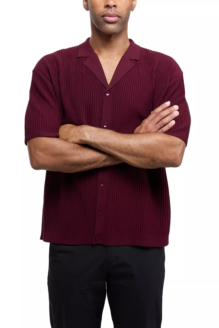 Men's Short Sleeve Vertical Ottoman Camp Collar Button Down Sweater Polo - thumbnail 6