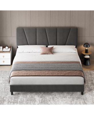 Size Bed Frame with Adjustable Headboard, Linen Upholstered Platform Bedframe with Strong Wooden Slats, Easy Assembly