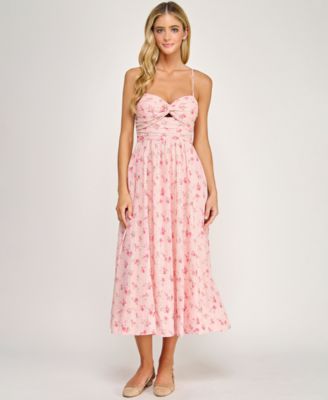 Juniors' Floral Embroidered Twist-Front Midi Dress