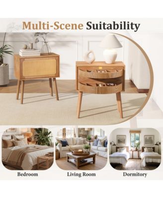 Rotating Hidden Compartment Nightstands, Mid Century Rattan Bedside Table with Flip Drawer and Wood Legs for Living Room, Bedroom