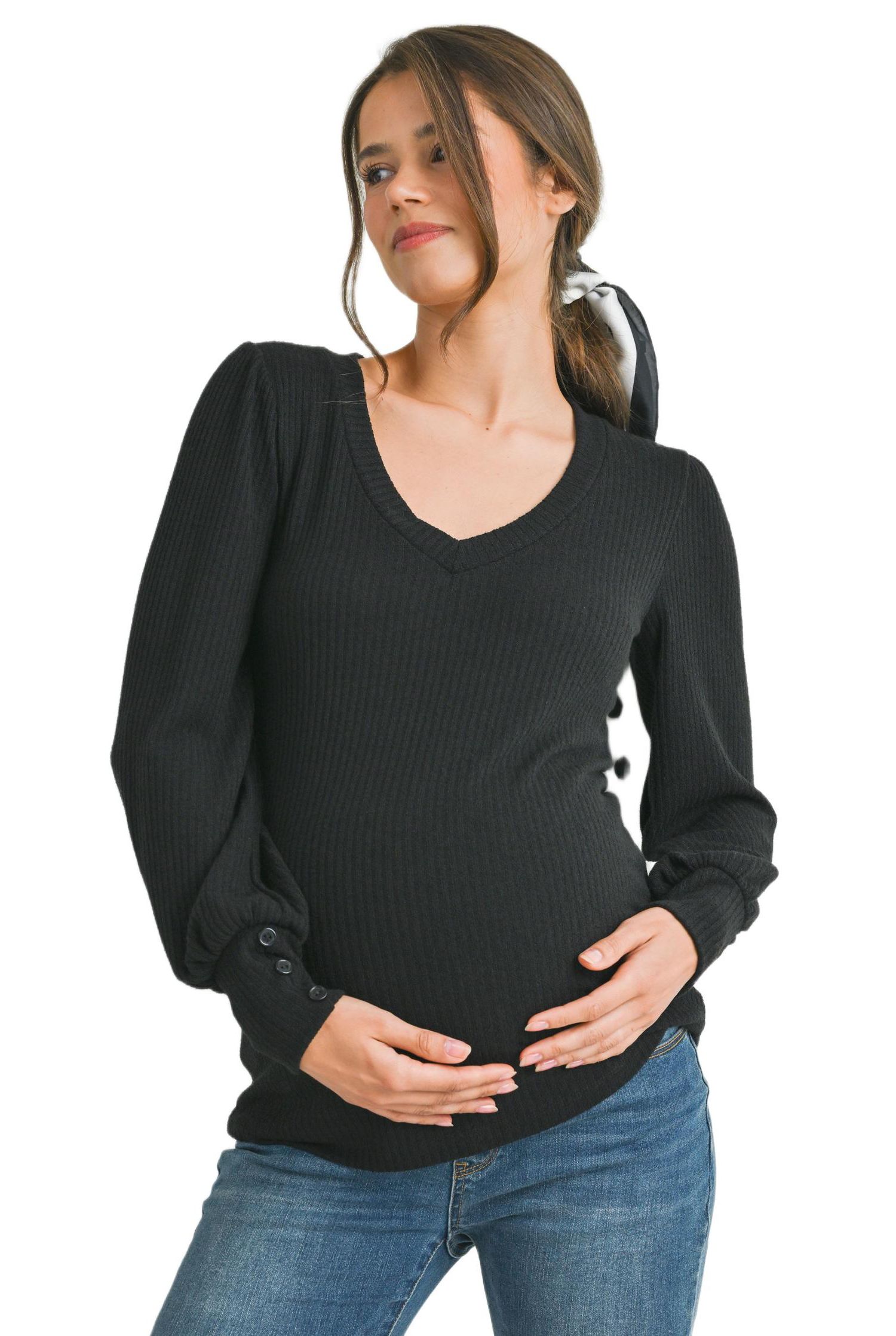 Maternity Long Sleeve Ribbed V Neck Top