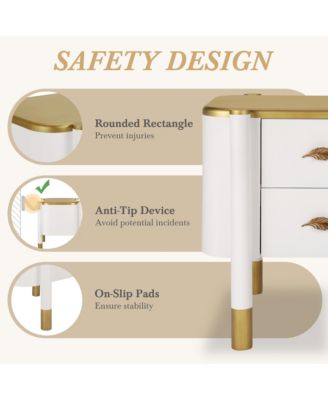 2 Drawers Nightstand with Curved Profile Design, Bedside Table with Metal Feather-Shaped Handles, End Table for Living Room and Bedroom