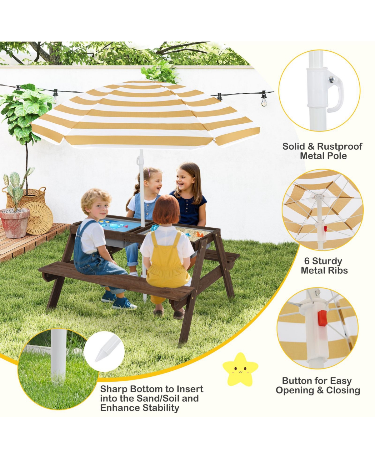 Costway 3-in-1 Kids Picnic Table Outdoor Water Sand Table w/ Umbrella Play Boxes