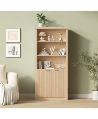  Tall 5-Shelf Wooden Bookcase with Doors, 31.5" Wide Farmhouse Book Shelf, Adjustable Top Shelf