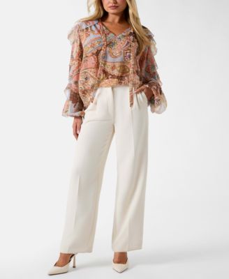 Women's Paisley Ruffle Long-Sleeve V-Neck Top