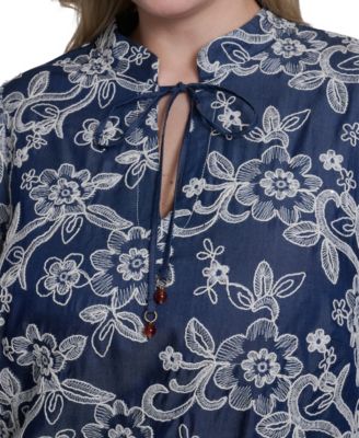 Plus Size Embroidered Denim Shift Dress