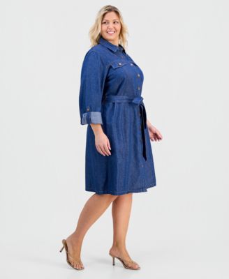 Plus Size Cotton Tie-Waist Chambray Dress