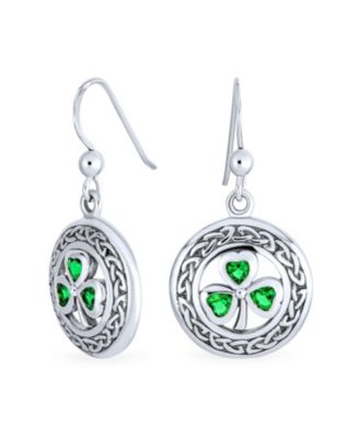 Good Luck Celtic Knot Circle Green Clover Dangle Earrings .925 Sterling Silver