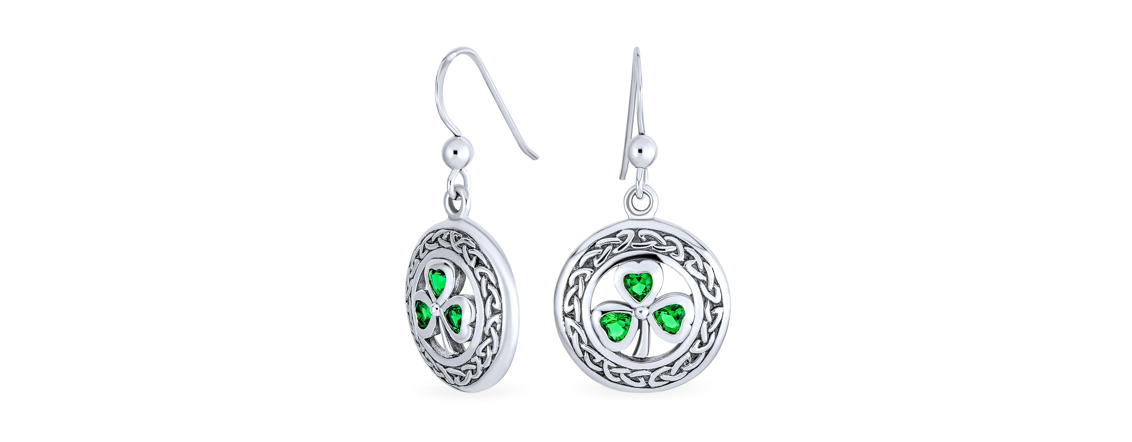 Bling Jewelry Good Luck Celtic Knot Circle Green Clover Dangle Earrings .925 Sterling Silver