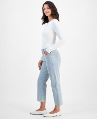 Women's Striped Mid Rise Curvy Capri Jeans