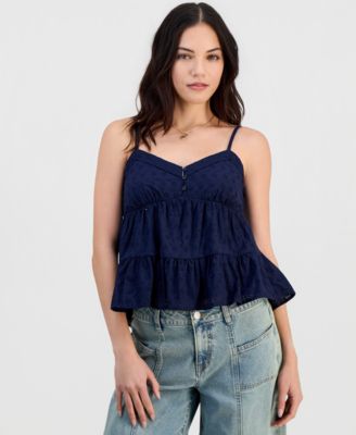 Juniors' V-Neck Cotton Eyelet Babydoll Tiered Top 