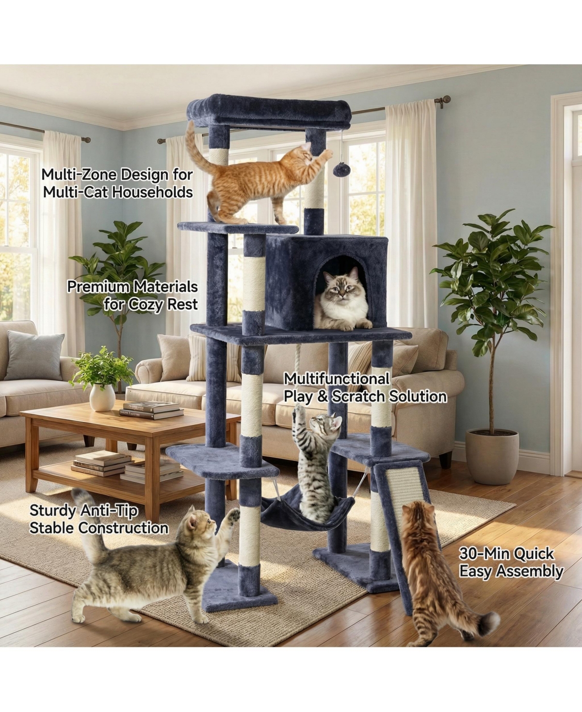 Zeus & Ruta 63in Cat Tree Tower: Large Multi-Story, Sisal Posts, Extended Platform, Hammock