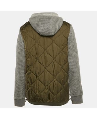 Men's Grey Rib Knit And Nylon Hooded Jacket