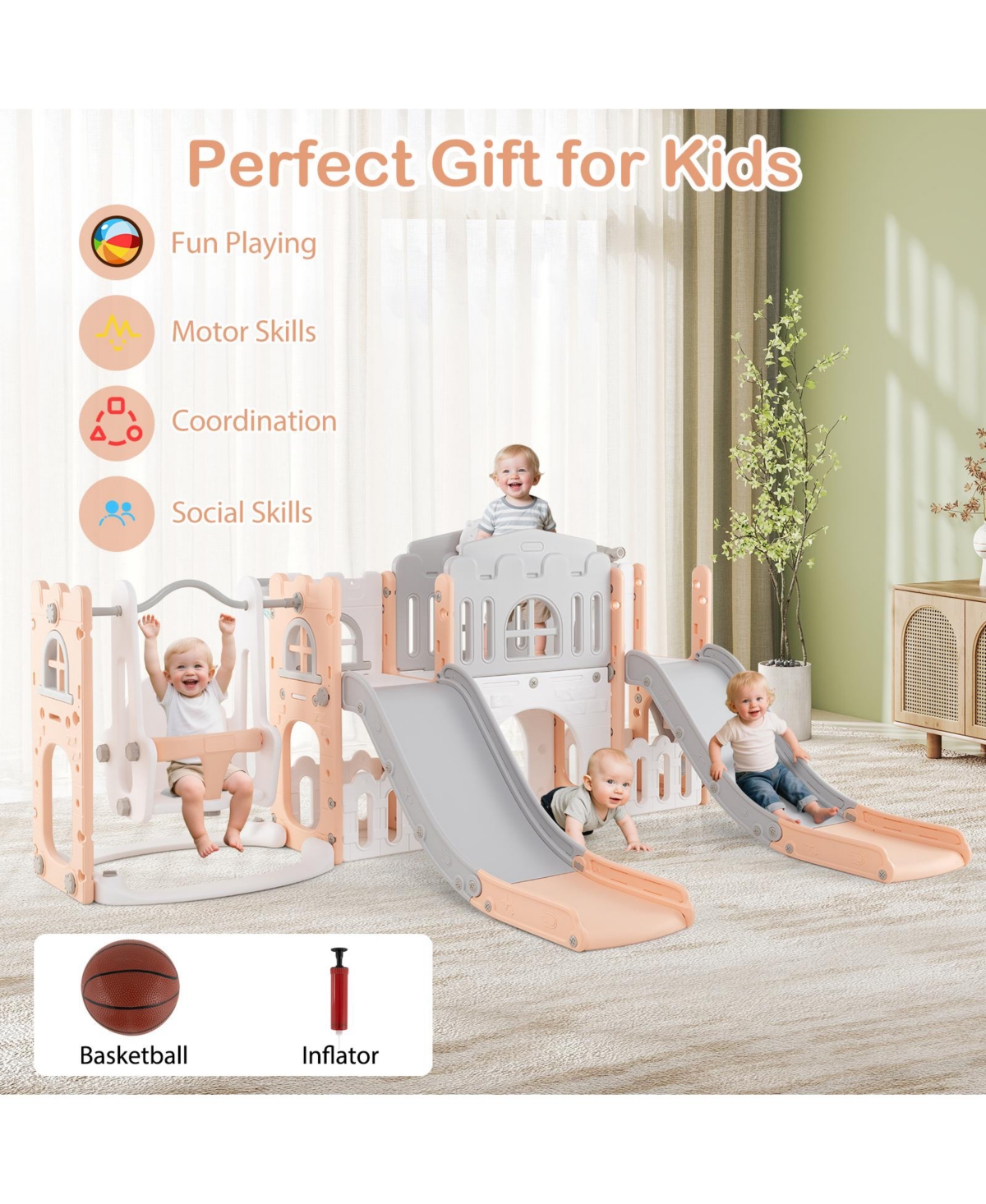 Hongge 10 in 1 Toddler Slide and Swing Playset with Climber Tunnel and Double Slides