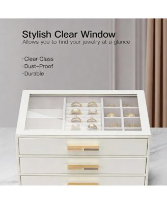 3 Layer Leather Jewelry Box with Clear Lid and Gold Hardware