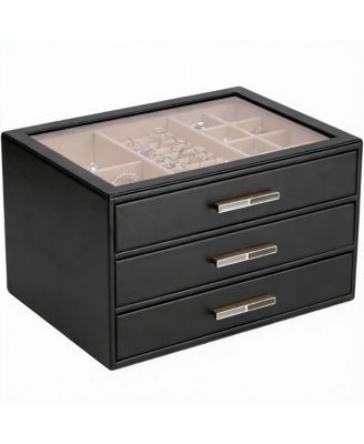 3 Layer Leather Jewelry Box with Clear Lid and Gold Hardware